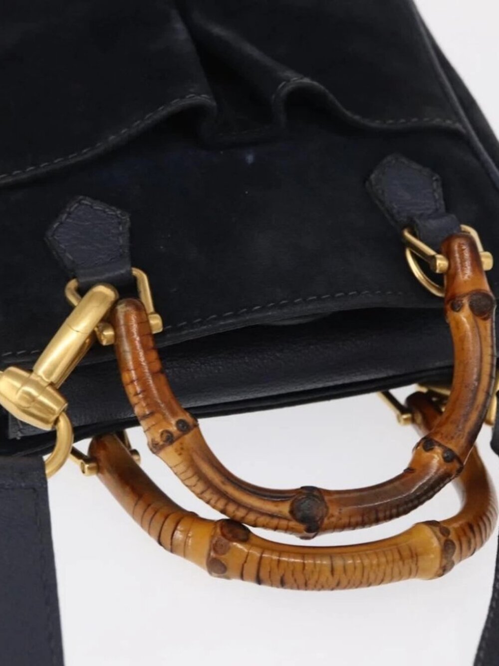 GUCCI Bamboo Hand Bag Suede 2way Navy Gold - Picture 11 of 15